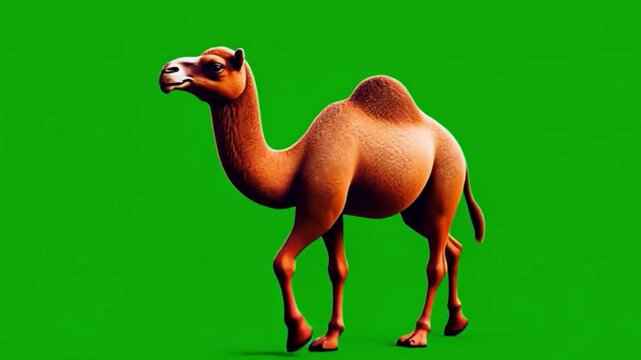 Animated dromedary camel walking on green screen
