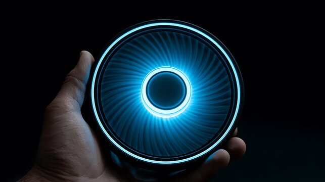 Close-up of glowing blue circular RGB fan held in hand