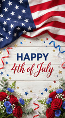 Obraz premium Happy 4th of July greeting design with waving USA flag, patriotic stars, ribbons and floral accents on rustic wood background, festive American Independence Day celebration concept