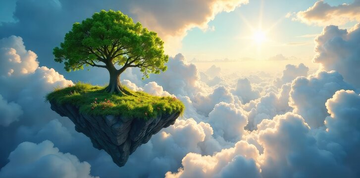Enchanted forest floating amidst fluffy clouds, sunbeams filtering through leaves, whimsical and surreal landscape , flora, forest