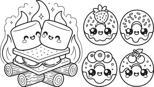 smiling cartoon dessert icons with marshmallows and donuts