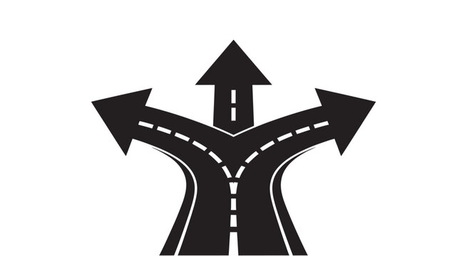 Road diverging into three directions vector silhouette, black highway split path symbol for choice, decision making, strategy, and direction