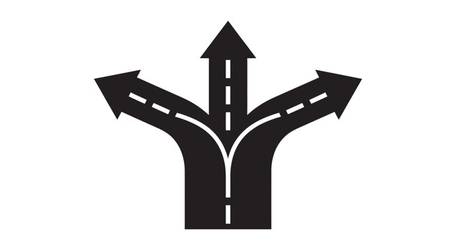 Road diverging into three directions vector silhouette, black highway split path symbol for choice, decision making, strategy, and direction