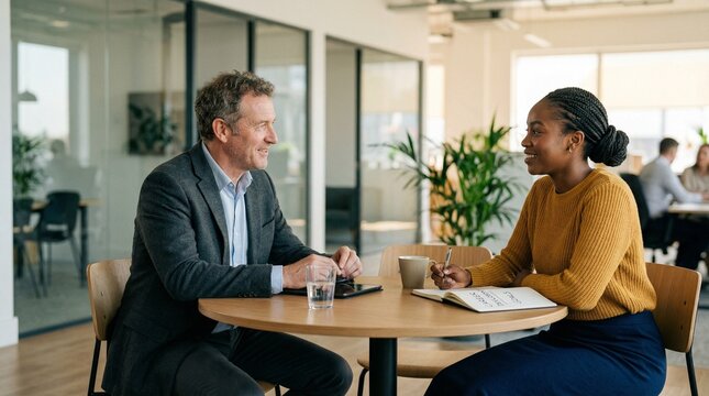 Senior businessman interviewing a young professional African American woman in a modern, glass-walled corporate office environment.