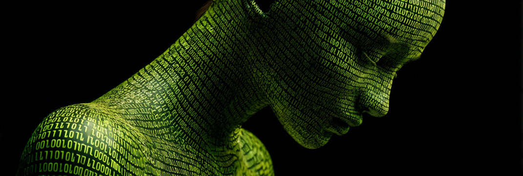 binary code covered woman in dark room, digital silhouette wrapped in green data stream