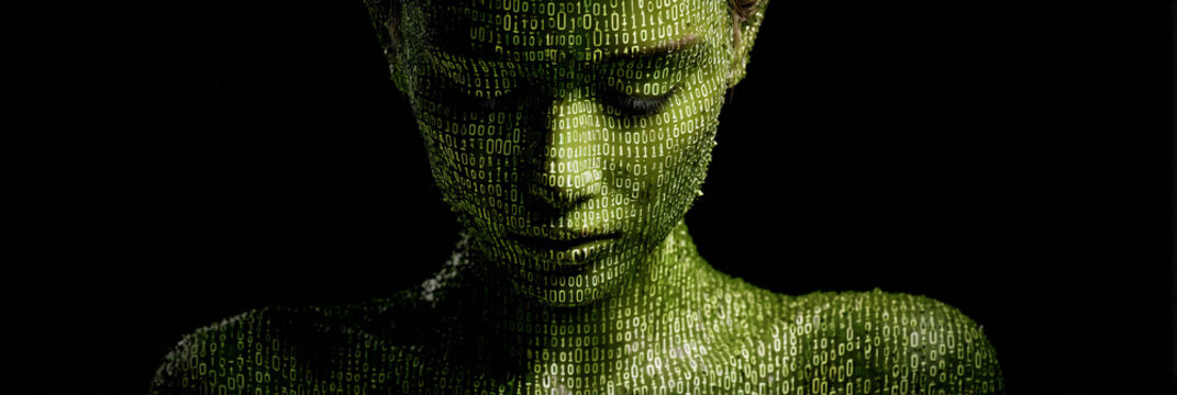 binary code covered woman in dark room, digital silhouette wrapped in green data stream