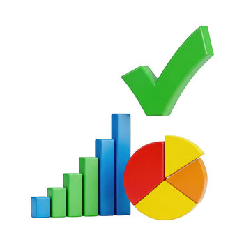 Financial growth graph with pie chart and check mark symbol for successful business analysis and positive results.