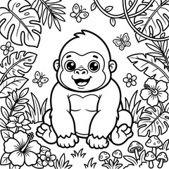 Obraz premium Cute baby gorilla sitting in the tropical rainforest jungle isolated on transparent background, Vector