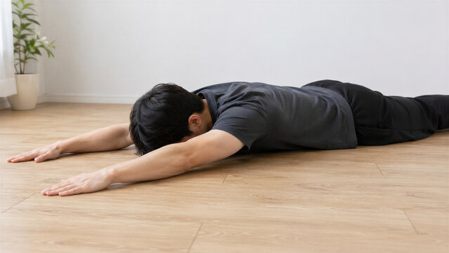 Man lying face down stretching on wooden floor at home