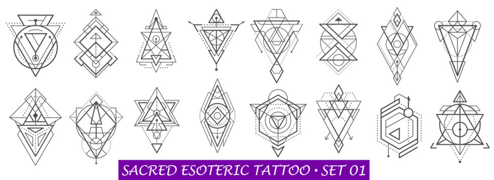 Sacred geometry tattoo and esoteric symbols for magic, occult and alchemy design, vector icons. Tarot card esoteric symbols of sacred geometry with masonic triangle in geometric thin line art ornament