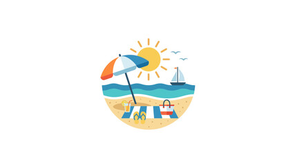 Obraz premium Summer Beach Scene: Sun, Umbrella, Sailboat, and Tropical Vacation Vibes