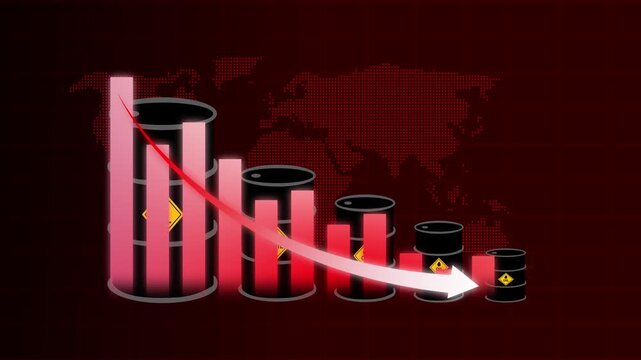 Commercial oil barrels track falling international market demand. Standard oil barrels visualize global fuel commodities trading loss metrics. Resource economic crisis using classic oil barrels.