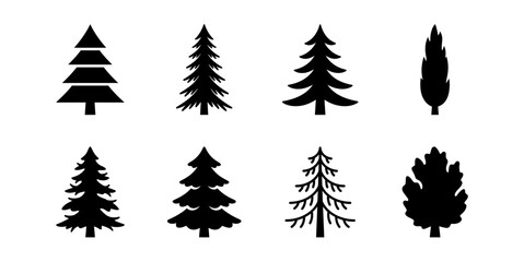Obraz premium Eight different pine tree silhouettes arranged on a white background
