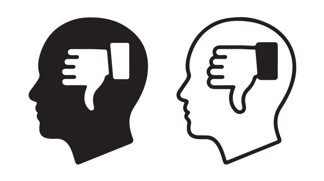 Negative Thinking Thumbs Down Icon in Human Head Silhouette Isolated on White Vector