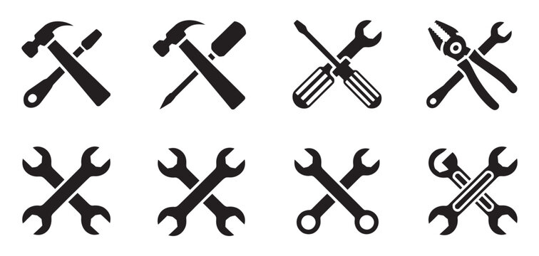 Wrench and spanner icon set, crossed tool symbols vector for repair maintenance construction industrial service and engineering concepts