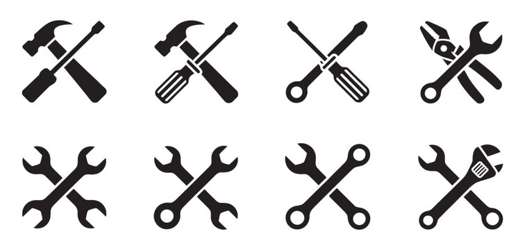 Wrench and spanner icon set, professional crossed tools vector illustration for maintenance repair service industry construction and technical support