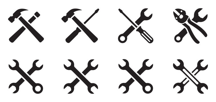 Wrench and spanner icon set, crossed tool symbols vector for repair maintenance construction industrial service and engineering concepts
