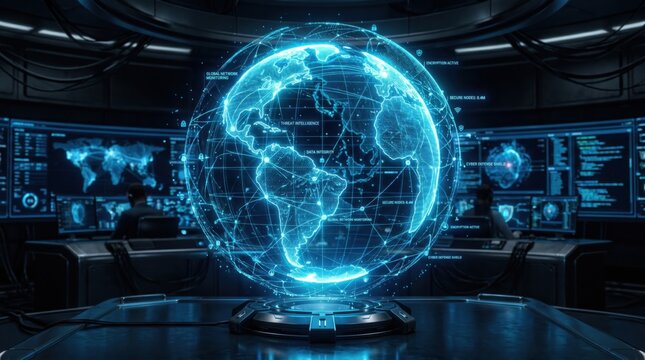 Opened ingredientDigital glowing blue hologram earth globe in futuristic cyber security control room center.