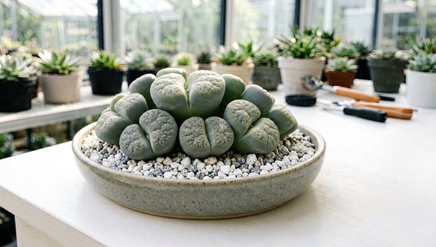 Potted lithops succulent plants on white table in bright greenhouse environment.