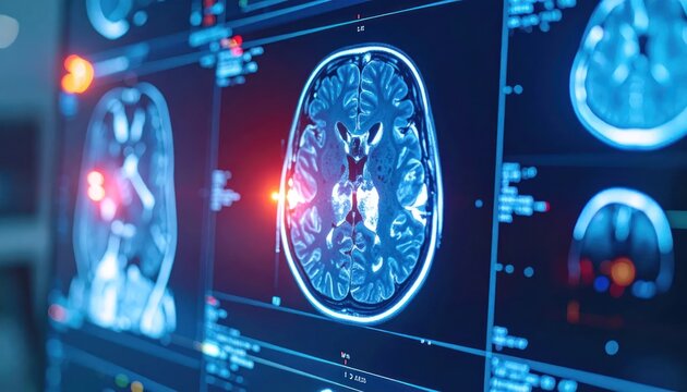 Digital brain MRI scans with neural activity highlights.