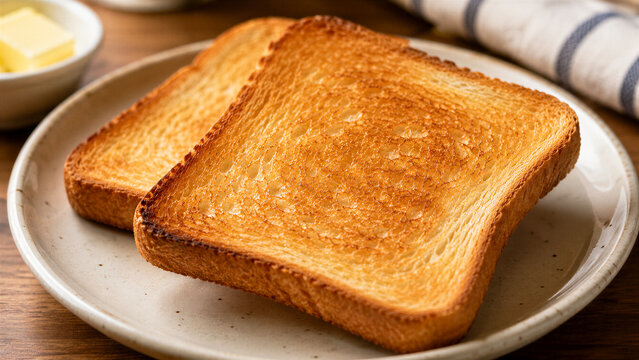 Two slices of toasted bread served on ceramic plate