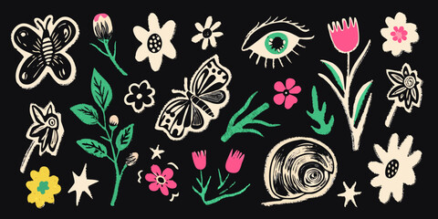 Floral and fauna illustration with butterflies flowers and a snail © Liton