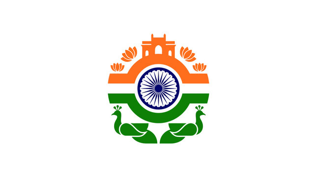 Stylized Indian National Emblem with Tricolor and Ashoka Chakra