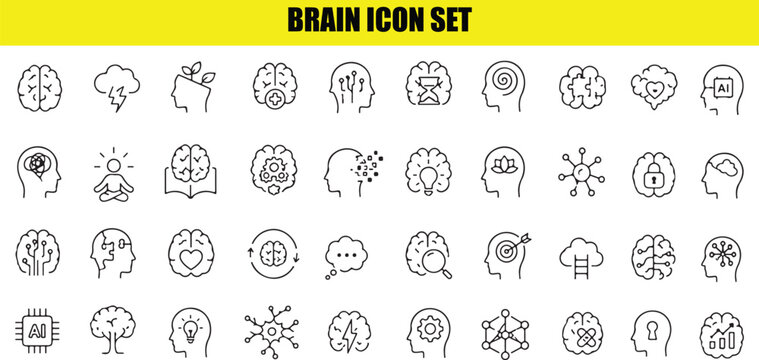 Brain and mental health icon set showing artificial intelligence psychology and creative cognition.