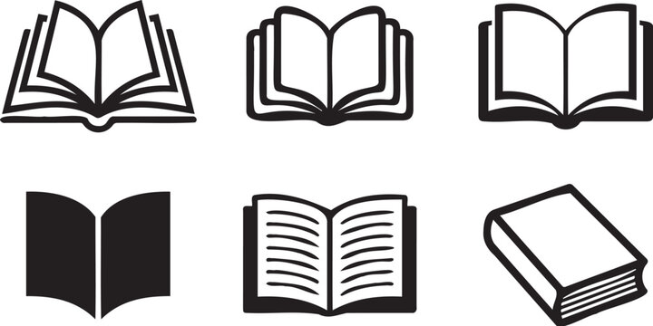 Minimalist vector graphic set showing various open and closed book icons rendered in clean black lines on white background surface