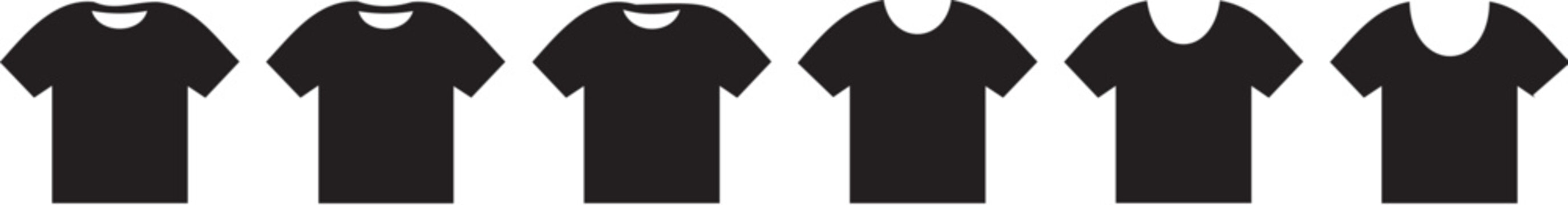 Minimalist vector graphic illustration showing six black tshirts with various neckline styles arranged in a neat horizontal row design pattern