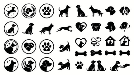 Fototapeta premium Collection of various dog breeds and dog-related icons in black and white.