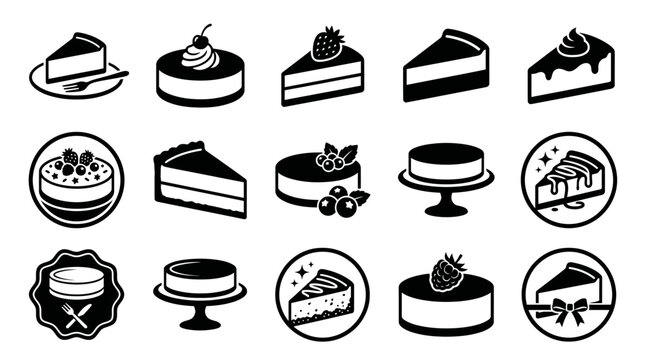 Collection of various cake and dessert slices in black and white silhouette icons.