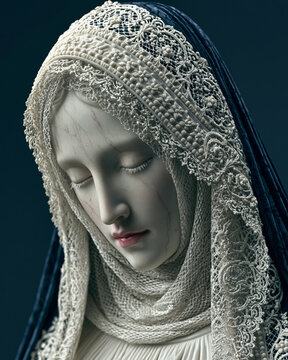 Close up portrait of a sorrowful Virgin Mary marble statue wearing an exquisite ivory lace veil and dark blue velvet cloak on a dim background