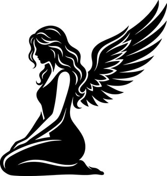 Kneeling Angel Woman Silhouette Vector Illustration with Wings, Guardian Angel Spiritual Figure, Elegant Black and White Fantasy Design