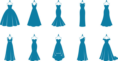 Collection of teal silhouette evening gowns on hangers fashion design illustration © abu sharif