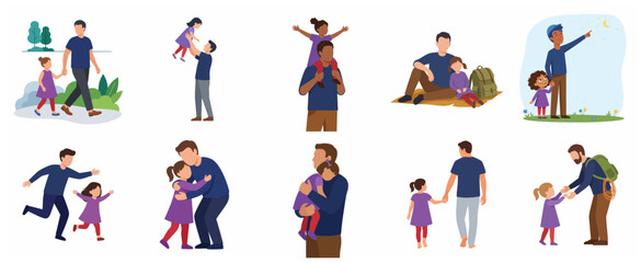 Fototapeta premium Father and Daughter Activities Set, Diverse Flat Illustration of Dad Spending Quality Time with His Child