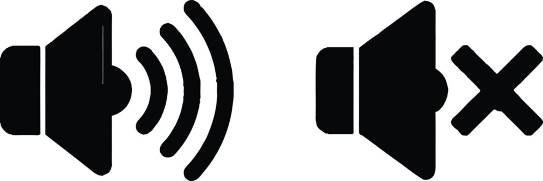 Black volume speaker icon set with sound and mute symbols
