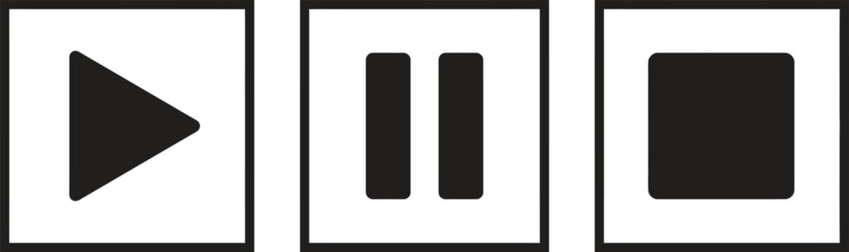 Black play pause and stop media player control buttons set