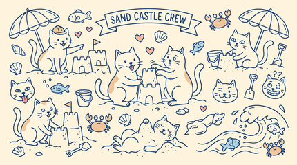 Fototapeta premium Cats play on beach with umbrellas and sand castles happily outside.
