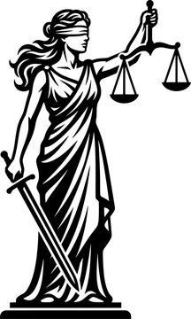 Lady Justice Silhouette Vector Illustration, Themis Goddess of Justice with Scales and Sword, Legal Law Symbol Black and White Design