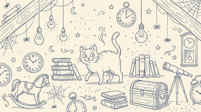 A curious cat explores a cluttered attic filled with books and toys.
