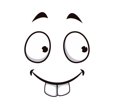 Cartoon goofy and silly face expression with wide bulging eyes and happy smile with two large front teeth. Cartoon cheerful face for social media reactions, stickers and messaging apps