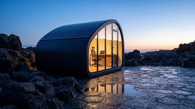 Low Angle Dusk Exterior of Sleek Minimalist Modular Living Pod with Warm Interior Glow
