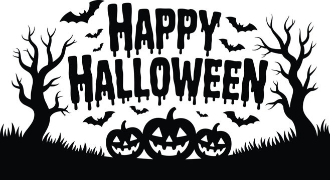 Happy halloween dripping text between dead trees with bats and pumpkins in grass field