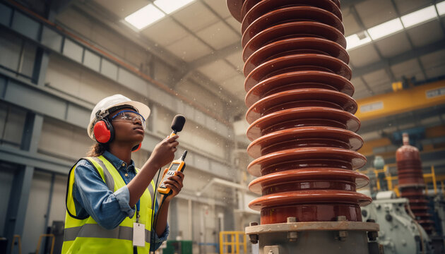 Professional female industrial engineer wearing a hard hat and safety glasses checking equipment with a digital measurement device near a massive red ceramic high voltage insulator