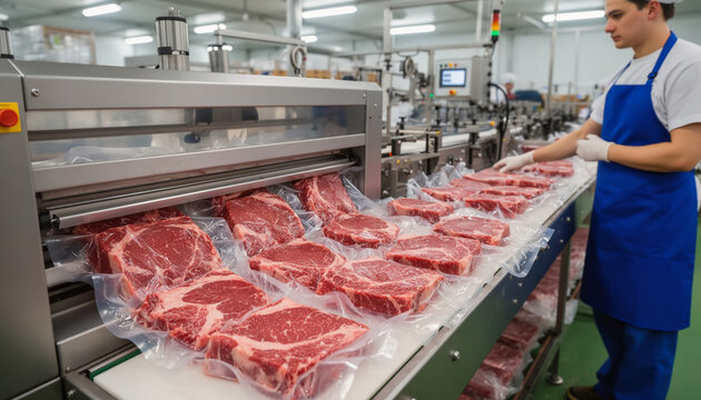 Industrial food factory worker in a blue uniform packaging premium raw beef steaks on an automated conveyor belt line inside a modern processing facility