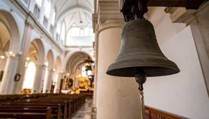 Obraz premium Large Bell Hanging in Church Interior.