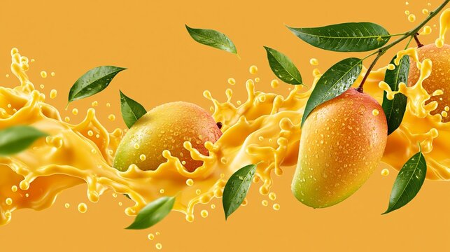 Picture of mango juice splashing across a banner, with leaves flying. Background is mango-colored. It's for your ads.