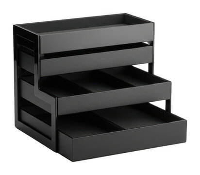 Sleek black tiered vanity case features multiple storage compartments isolated transparent background image