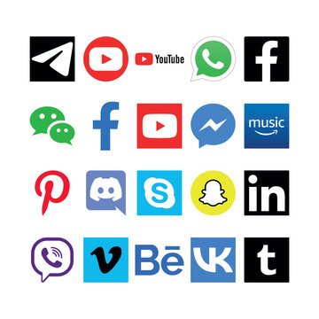 Collection of 20 social media and communication logos, including Telegram, YouTube, WhatsApp, Facebook, WeChat, and Messenger. High-quality vector assets for digital UI, web, and app design.
